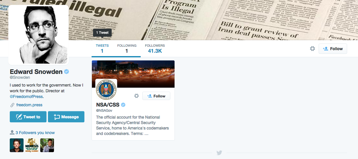 TEDTalks's tweet photo. Edward Snowden just joined Twitter, and he only follows the @NSAGov. Well played, @Snowden, well played. http://t.co/KZt4eJBgi4