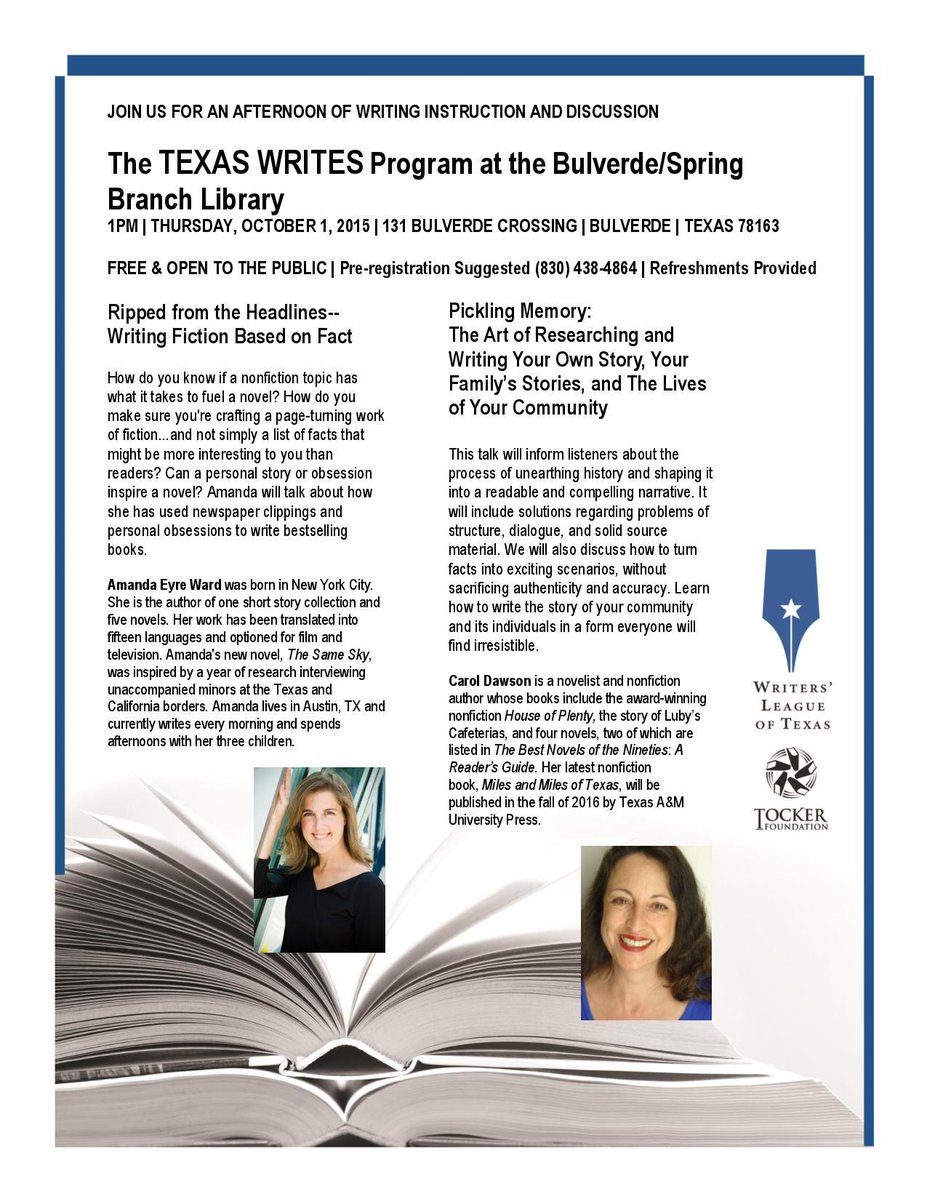 WritersLeague's tweet photo. Oct 1: Head over to Bulverde/Spring Branch Library w/ Carol Dawson & @amandaeyreward. #TXWrites @spencerwriter http://t.co/eJjaPdfkYR