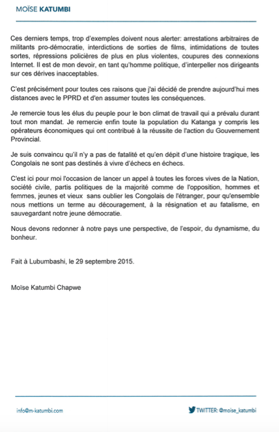 Chers amis, j'ai signifié ce jour ma démission du PPRD et du gouv #Katanga; ma déclaration ci-dessous #nouveaudepart