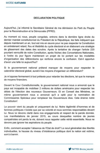 moise_katumbi's tweet photo. Chers amis, j'ai signifié ce jour ma démission du PPRD et du gouv #Katanga; ma déclaration ci-dessous #nouveaudepart http://t.co/g4urPl4mSb