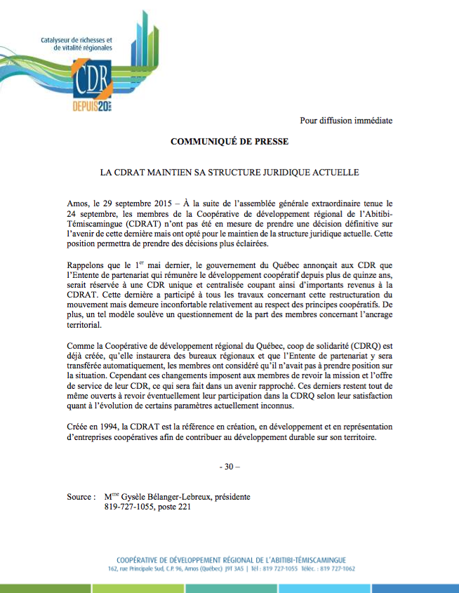 Les membres de la CDR Abitibi-Témiscamingue se sont prononcés sur l'optimisation du réseau des CDR du Québec