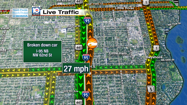 Broken down car on I-95 NB express at NW 62nd St. Speeds at 27mph #traffic #miami @JeniseFernandez http://t.co/ri7ev0N5cV