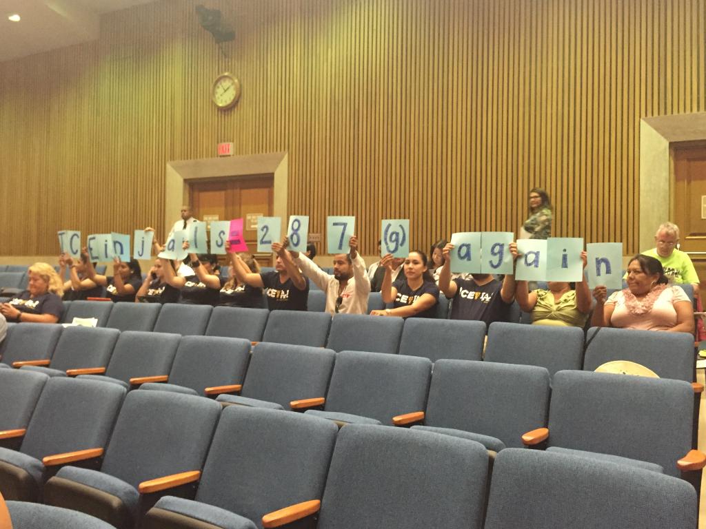 CURBprisons's tweet photo. In solidarity with @IceOutOfLA at the #LABoardofSupervisors meeting! #RejectPEP #nomorejails http://t.co/cvB6oHvYlJ