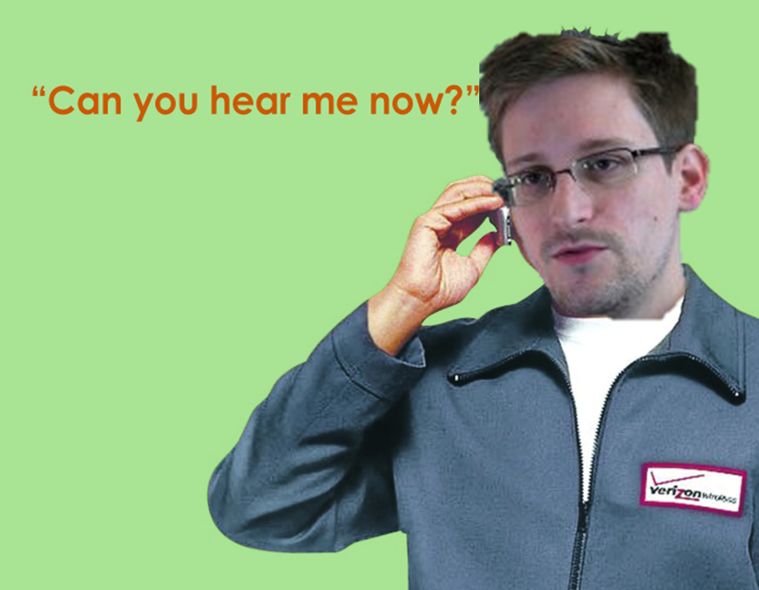 DrDigiPol's tweet image. #Snowden's 1st tweet is for #Verizon. RT @Snowden: Can you hear me now?