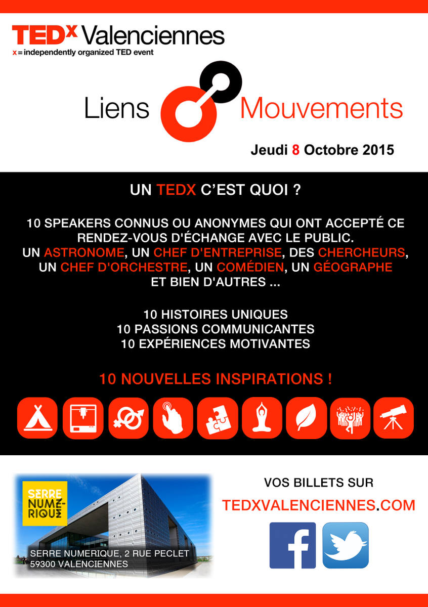 TEDxVal's tweet photo. Jamais participé à un #TEDx ? Il est encore temps de prendre votre billet ! #Valenciennes http://t.co/uQ8CQH47YY http://t.co/Sea9FC4QPq