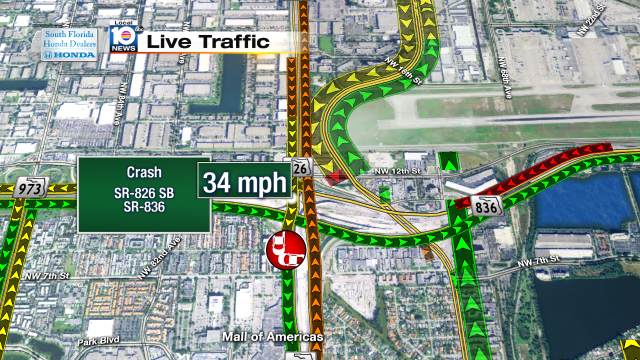 Crash on SR-826 SB right around SR-836. Speeds at 34mph #traffic #miami @JeniseFernandez http://t.co/ESLoy6xlQ4