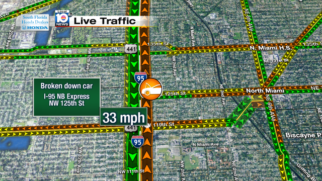 Broken down car on I-95 NB express at NW 125th St. Speeds at 33mph #traffic #miami @JeniseFernandez http://t.co/XFkVi5sYTV