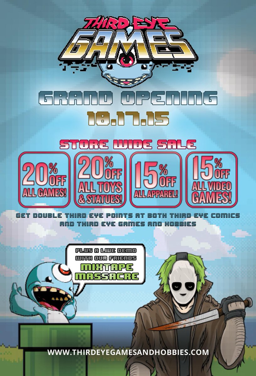 Join us for a KILLER time at the HUGE grand opening of the new <a href="/3rdeyegames/">3rdEyeGames&Hobbies</a> on 10/17/15! 

facebook.com/events/1487642…
