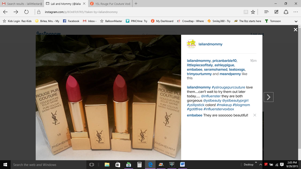 WendyStarsabove's tweet photo. I received the #YSLvoxbox #rougepurcouture today! #lipstick colors
are amazing! #gotitforfree thanks @influenster http://t.co/nIjCWu0hsn
