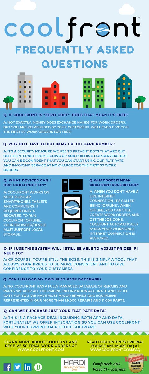 Derek_Support's tweet photo. Top 6 @Coolfront FAQs we hear most often... http://t.co/RVwxjLEFUc #CoolfrontMobile #HVAC #Plumbing #Electircal http://t.co/FDc8f2D5hC