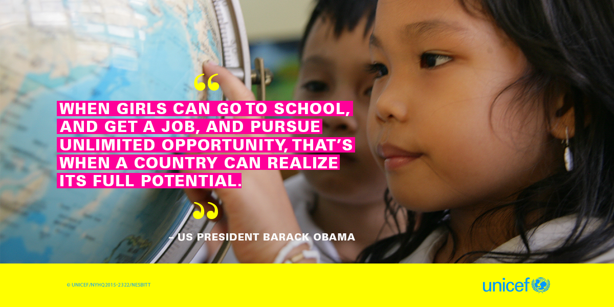 UNICEF's tweet photo. Right now, #62MillionGirls are not in school. #everychild must have access to an education. #GlobalGoals #UNGA http://t.co/xpZU0a7oV7