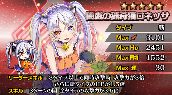 サウザンドメモリーズ公式 千メモ Twitterissa 5 斬 闇戯の猟奇猫ロネッサ Cv 武石あゆ実 Sp攻 敵単体に10 5倍のダメージ 特殊能力 4リンク以上の時に 攻撃力が1 4倍になる 千メモ サウザンドメモリーズ Http T Co Hznxzuaevh