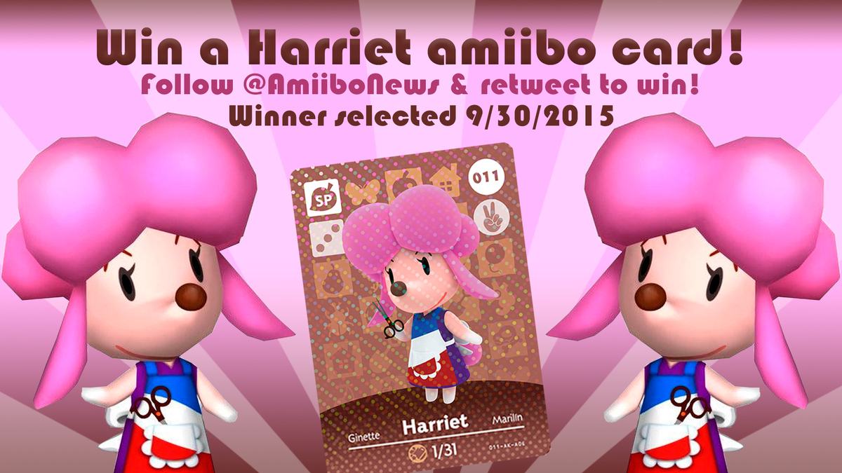 AmiiboNews's tweet photo. Win a Harriet amiibo card from Amiibo News! Follow and retweet to enter. Winner selected 9/30! Good luck! http://t.co/4Mw0l5Tk2P
