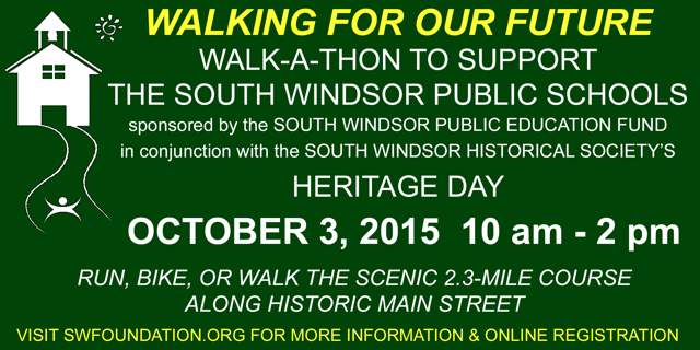 swCTrepublicans's tweet photo. Join the South Windsor Public Education Fund's walk-a-thon this Saturday during Heritage day! http://t.co/rIauibYiVN http://t.co/LEbt6baSyj