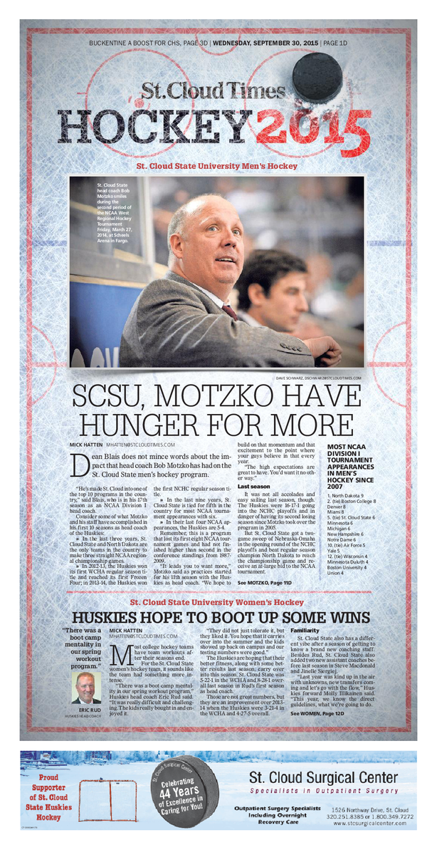 DSM_Studio's tweet photo. Hockey 2015, @sctimes St. Cloud State hockey preview design by @SeanMcKeownYO: http://t.co/9ODGSMfo1E