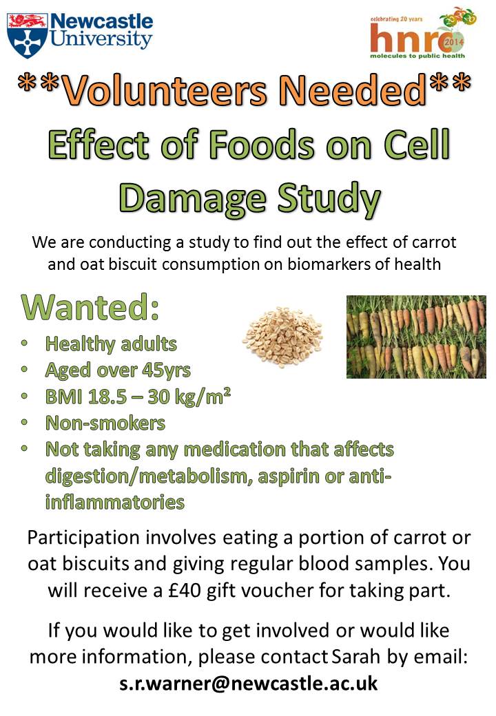 Call for Participants to take part in Effects of Foods on Cell Damage Study (Newcastle University)