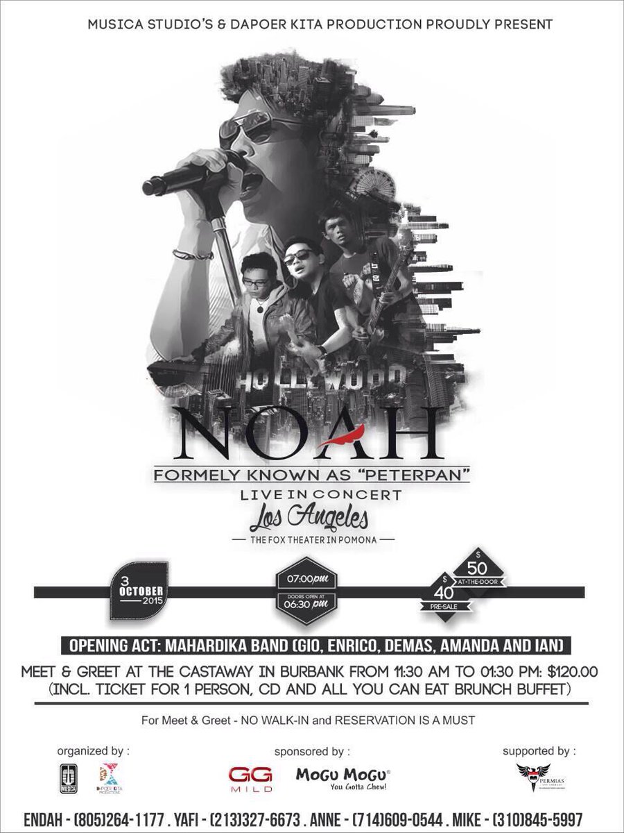 NOAH_ID's tweet photo. 3 hari lagi, NOAH bakalan perform di Fox Theater Pomona, Los Angeles...Nanti kita bakalan twit buat kamu ya Sahabat http://t.co/nIztg79wru