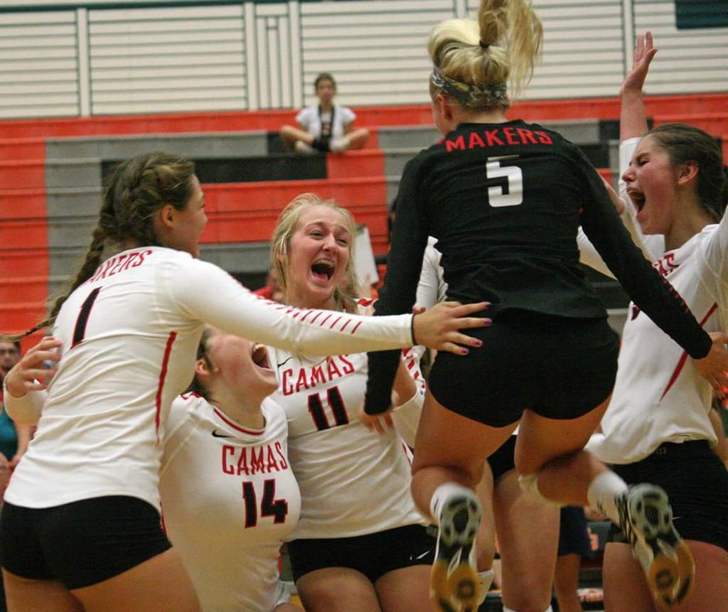 cwprsports's tweet photo. The Camas volleyball team celebrates a four set victory over No. 1 ranked Battle Ground. http://t.co/9xwTTJHehF