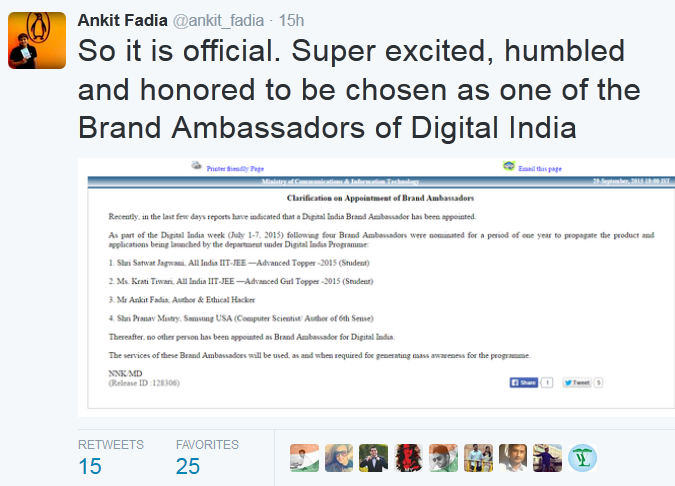 ishamathur90's tweet photo. If Gajendra can head #ftii , having Ankit Fadia as the ambassador for #DigitalIndia is a natural progression. LOL http://t.co/Y4E6YnTkuD