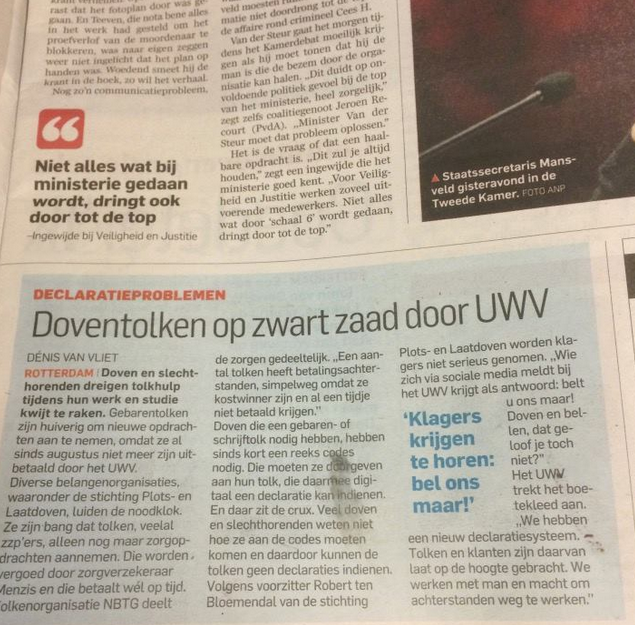 St_Plotsdoven's tweet photo. In het AD van vandaag een artikel over de betalingsproblemen van @uwv richting #schrijftolken en #gebarentolken http://t.co/hxAcMUyalT