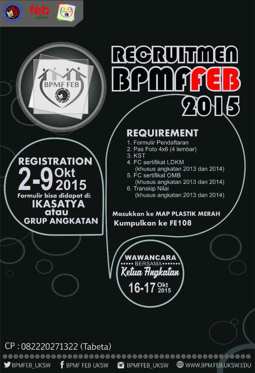 BPMFEB_UKSW's tweet photo. Save the date guys! Buruan daftarin diri kalian utk bergabung di BPMF FEB! Untuk informasi lbh lanjut bisa hubungi CP http://t.co/k6vGwP6gzl