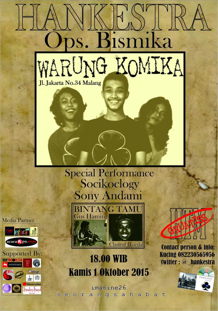 Besok Di @warungkomika kamis, 01 okt 2015 jam 18:00
Ada : Nomad, <a href="/HARMONIORA/">Harmoniora</a> <a href="/Andaami7/">Sony Andami</a> , amik brothers, <a href="/socikoclogy/">SOCIKOCLOGY ID</a>