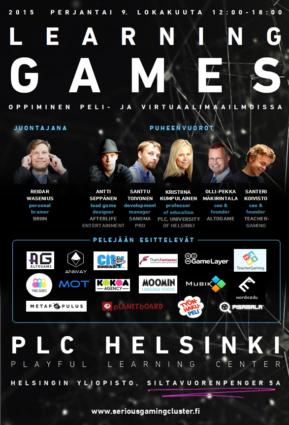 SGCFinland's tweet photo. 9 days to #learninggames2015 ! Check out keynote speakers &amp; demoing game companies. Register: http://t.co/FiKLI86gdF http://t.co/toq5Jk7b26