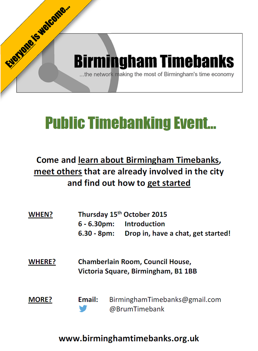 BrumTimebank's tweet photo. Mornin' #Birmingham. Want to learn more about timebanking in #Brum? Come along: 15 Oct, 6-8pm at the Council House! http://t.co/mgo6TIxnIh