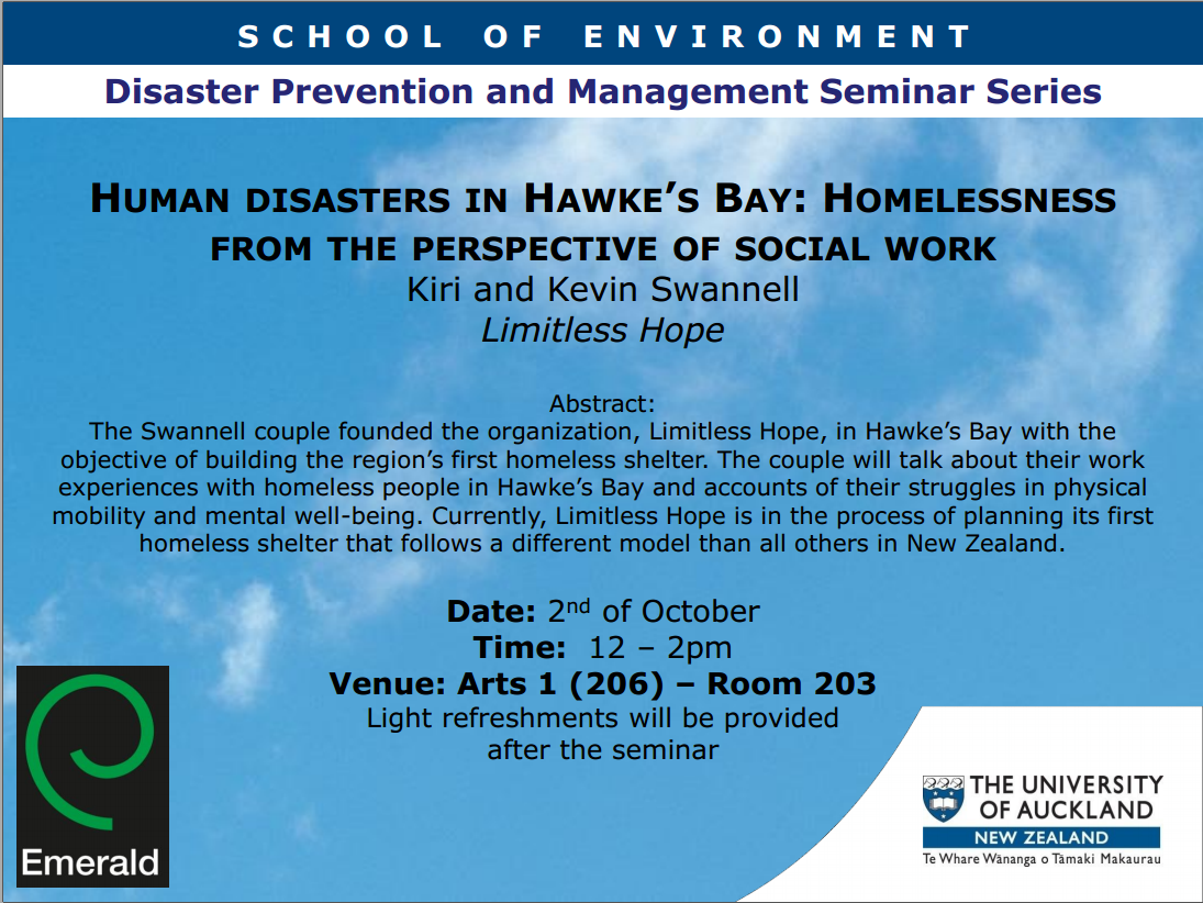 DPM_Seminars's tweet photo. Arts 1 Room 203 this Friday. Seminars with the Swannell couple of #HawkesBay on region's first #homeless #shelter http://t.co/gFZ0ABXmt4
