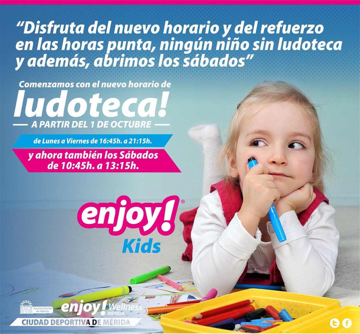 CDeportivaMe's tweet photo. Disfruta del nuevo horario y del refuerzo en las horas punta, ningún niño sin ludoteca y además, abrimos los sábados http://t.co/aK5vk8dXJR