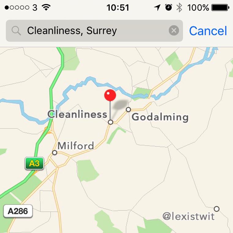 lexistwit's tweet photo. Cleanliness is next to Godalming (according to Apple Maps). #modernproverbs @ThePoke http://t.co/qsvNm4LbiL