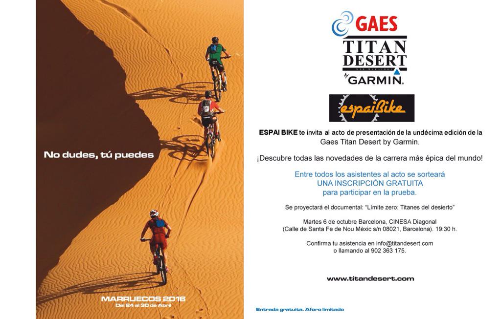 EspaiBike's tweet photo. Te invitamos a la presentación de la @TitanDesert. Plazas muy limitadas. #mtb #BTT #Castelldefels #garraf http://t.co/hyrKdy24ao