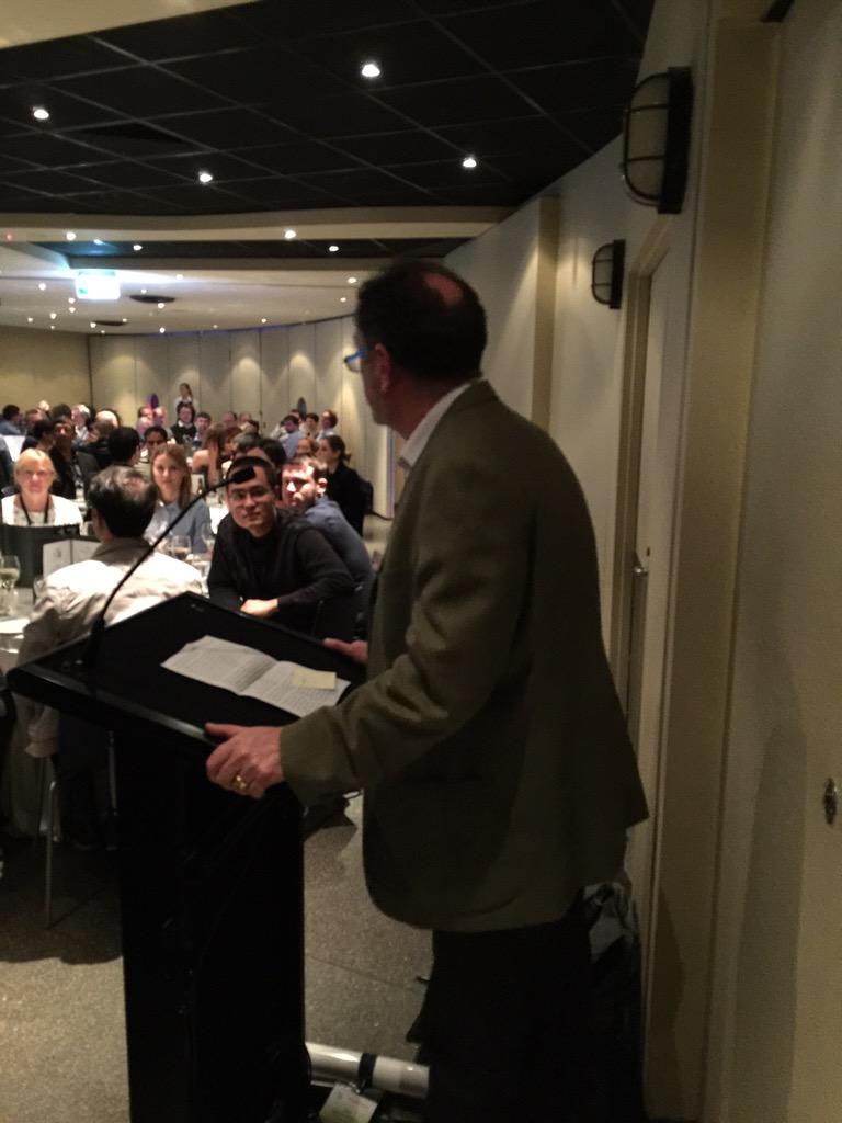 ComBio2015's tweet image. Co-chair Ed Newbigin at the ComBio2015 dinner, Melbourne Aquarium.