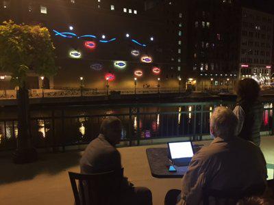 onmilwaukee's tweet photo. Downtown Milwaukee's newly lit fish are flashy, fast and fun http://t.co/Yu5AwBfNQ8 http://t.co/TWA4fVMZqp