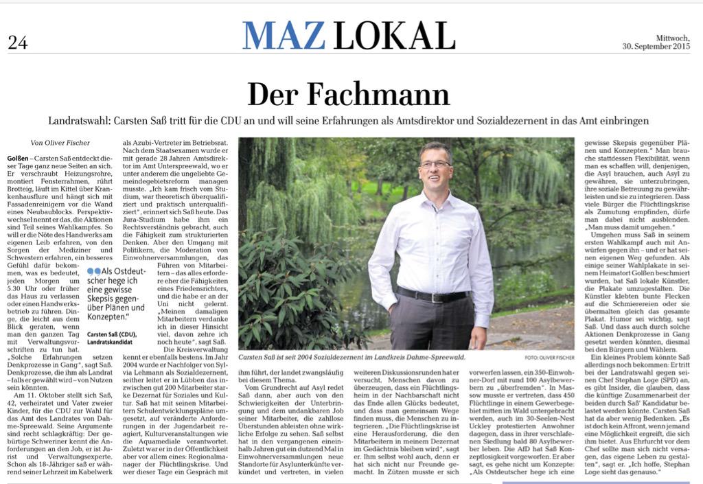 carstensass's tweet photo. Heute in der @maz_online: was kann es besseres geben als einen Fachmann als Landrat! #LRW15 http://t.co/FHO6f8A3x8