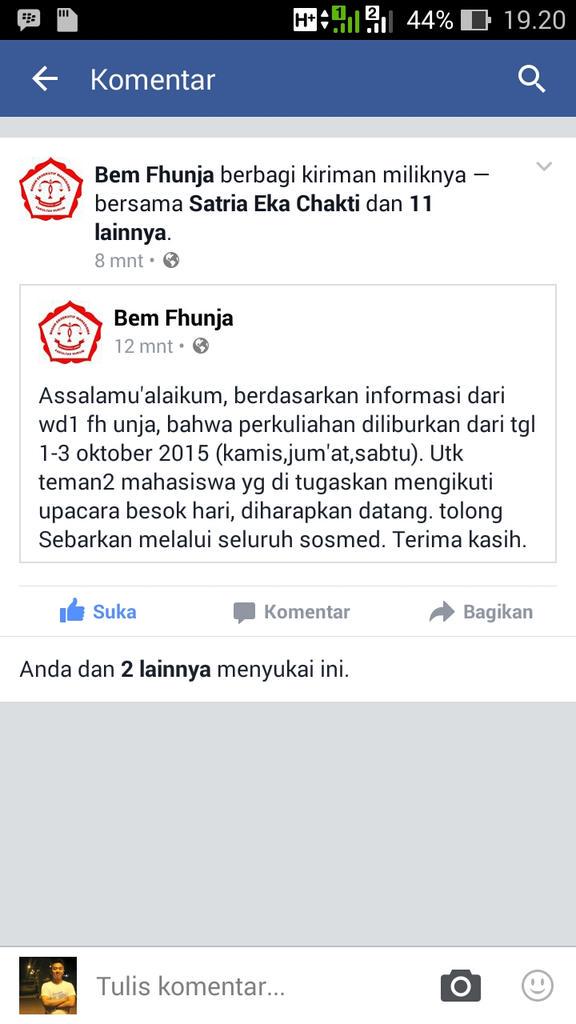 Pengumuman, mulai dr tanggal 1 - 3 okt ( kamis,jumat,sabtu) perkuliahan di FH UNJA diliburkan, !!! Ttp jaga kesehatan