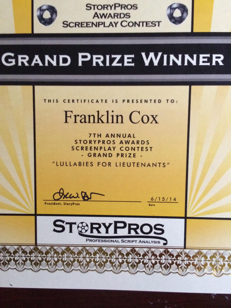 My screenplay just won the GRAND PRIZE in the StoryPros Awards Screenplay Contest.
