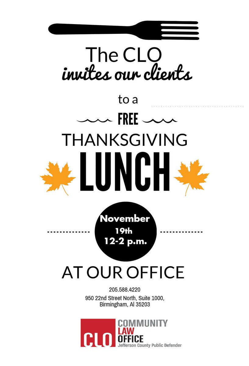 JeffCoDefender's tweet image. If you happen to be one of our clients, mark your calendar! We'll be holding a free Thanksgiving Lunch on Nov. 19th!