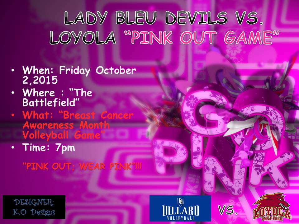 Dillard Athletics (@geauxdu) on Twitter photo <a href="/BleuDevilsVB/">DILLARD VOLLEYBALL</a>'s PINK OUT game is on Fri. Oct. 2 @ 7 pm vs @LoyolaWolfpack #geauxbleu #pinkout #breastcancerawareness <a href="/BleuDevilsVB/">DILLARD VOLLEYBALL</a>'s PINK OUT game is on Fri. Oct. 2 @ 7 pm vs @LoyolaWolfpack #geauxbleu #pinkout #breastcancerawareness