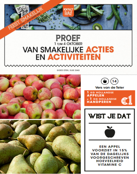 SUPERACTIE @indemarkthal! Omdat ons paviljoen #jarig is: van 1 t/m 4 okt.
1 kilo  appels + 1 kilo handperen: € 1,00!