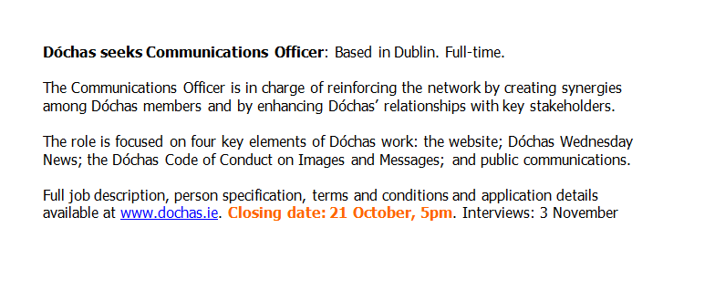 Dochasnetwork's tweet photo. Dóchas is recruiting! - Will you be our next Communications Officer? - #jobfairy http://t.co/QOGpyJSsZ8