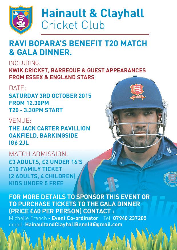 EssexCCB's tweet photo. Hainault &amp; Clayhall CC are hosting a @BoparaBenefit Match and dinner on Saturday, 3 October: https://t.co/GkvrXxepSK http://t.co/PeRiGkUAtn