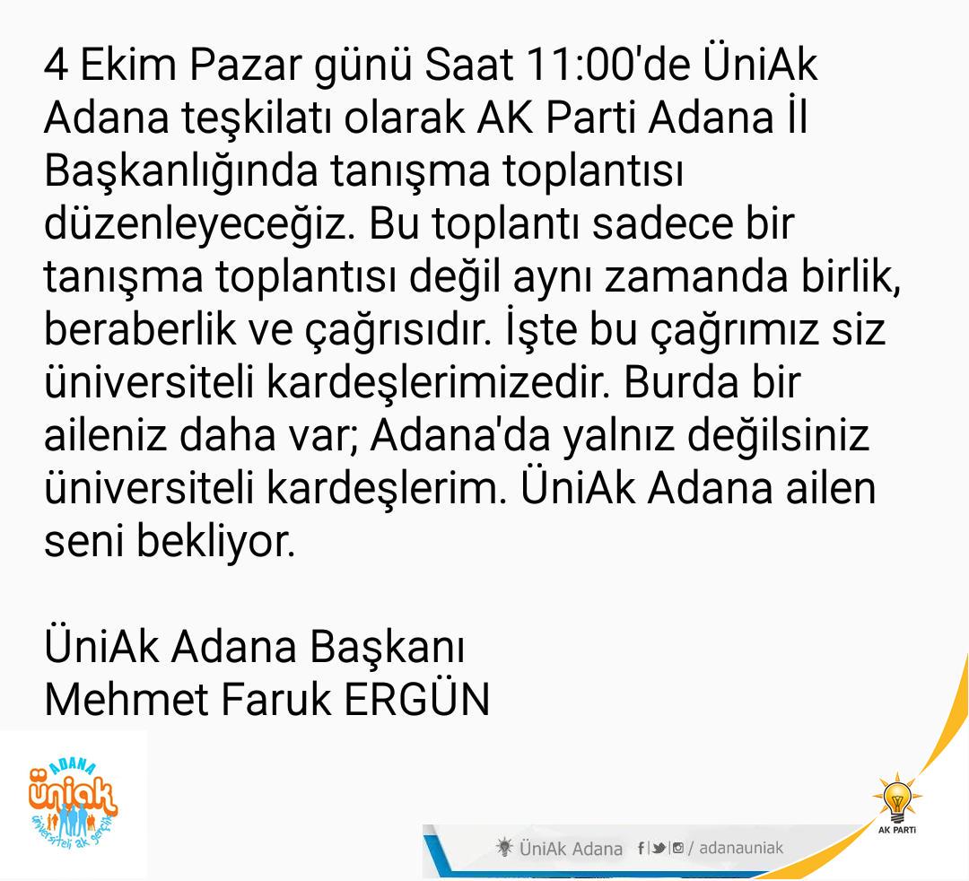 #İlkGünküAşklaÜniakAdana 
@fikret_yeni 
<a href="/AdanaAkGenclik/">AK Gençlik Adana</a> 
<a href="/avalperguler/">Av.Alper Güler</a> 
<a href="/adanauniak/">ÜniAK Adana</a> 
@KaraHafize 
@Mfrkergn