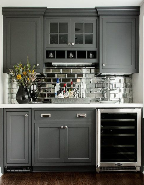 New trend alert! Metallics and silvers are in this #AW15. Use mirror #tiles to add light to a grey #kitchen