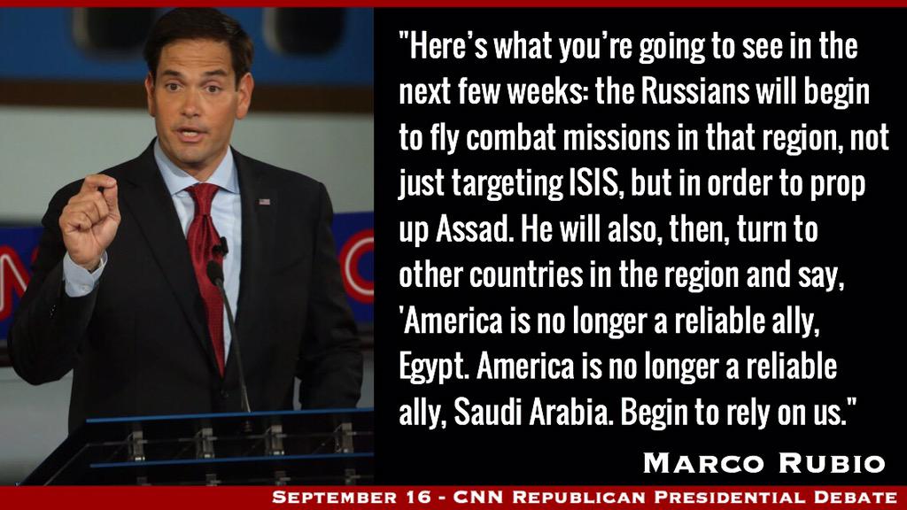 BPolatseck's tweet image. #MarcoRubio predicted at the #CNNDebate what #Putin will do in #Syria, 2 weeks later, it is exactly what's happening.