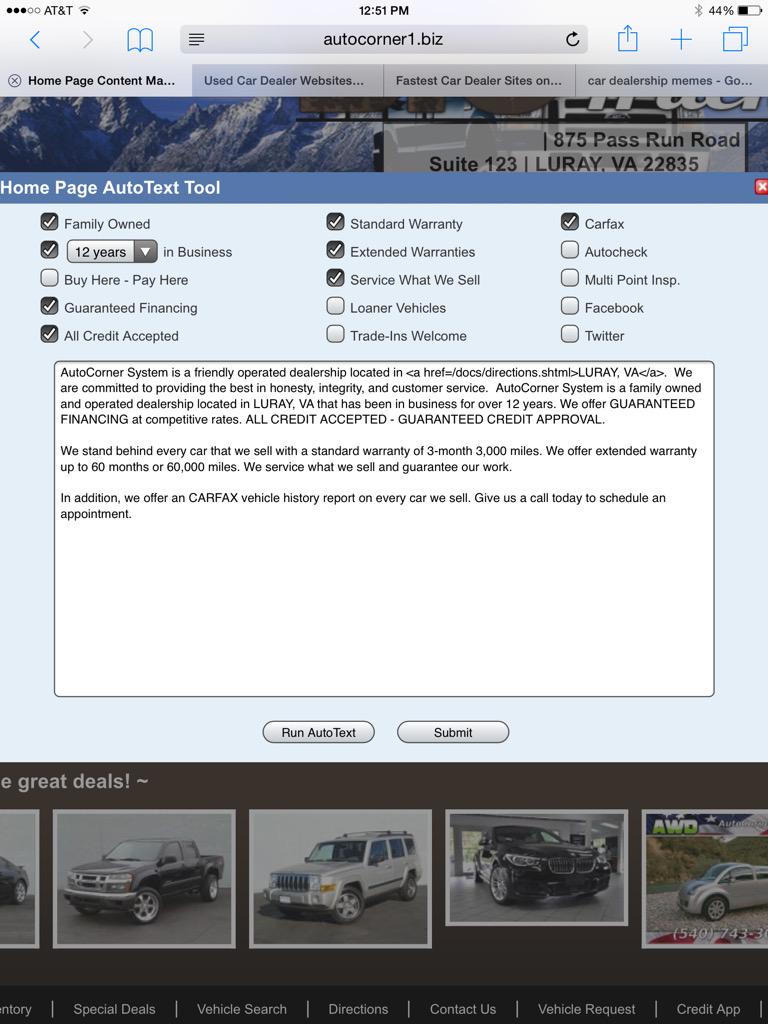AutoCorner's tweet image. Homepage text made easy!
#websites #usedcardealers #SEO