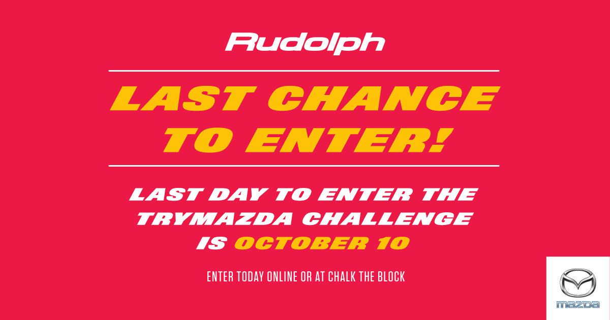 RudolphMazda's tweet photo. BREAKING NEWS!!
The deadline to enter the Try Mazda Challenge has been extended to October 10! http://t.co/I3Ahw6IzCD
