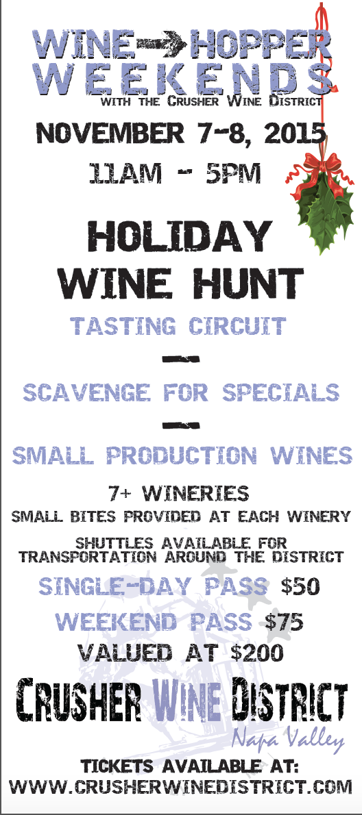 CrusherWD's tweet photo. Holiday Wine Hunt - Wine Hopper Weekend, Nov 7-8, tickets on sale now!!! http://t.co/2XoqkkvYG6  #WineWednesday http://t.co/gvaObkA4As