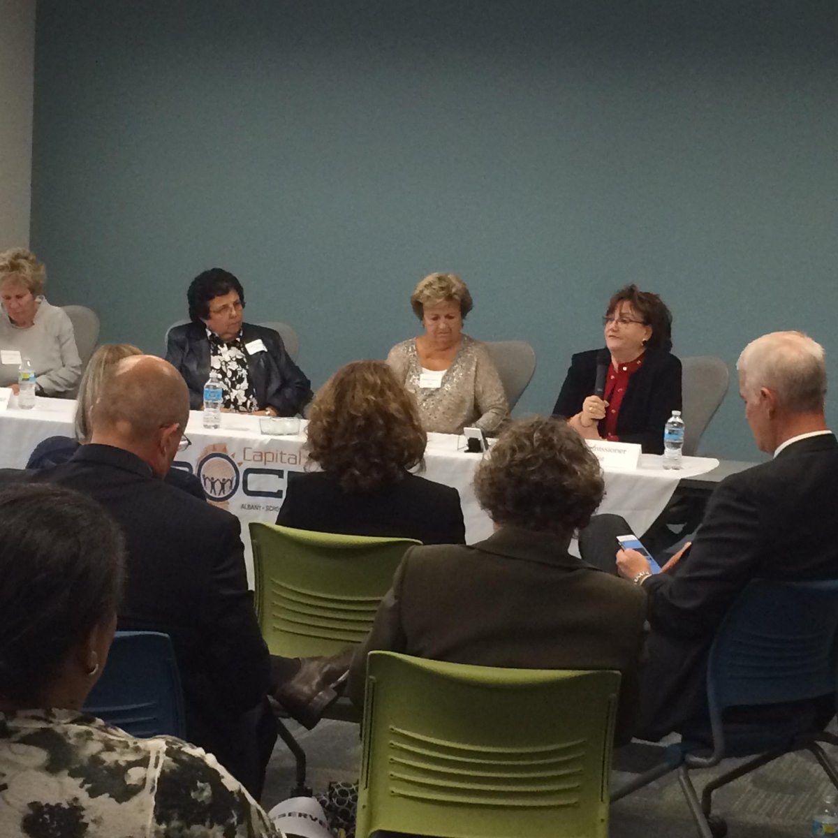 NYSEDNews's tweet photo. Regent Ouderkirk and I discussing importance of women leadership opportunites on #NYSAWA panel @CapRegBOCES #CRBpd http://t.co/aVame3yhjY