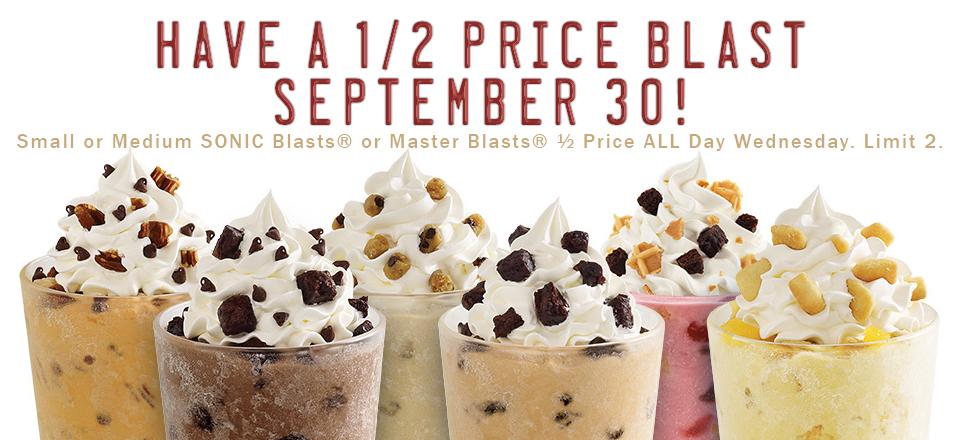 SonicBeach's tweet photo. ½ price SONIC Blasts TODAY. #Sonic

Mention when ordering. Small &amp; medium only. Valid only on 9/30/15. http://t.co/zEHer5nYlV